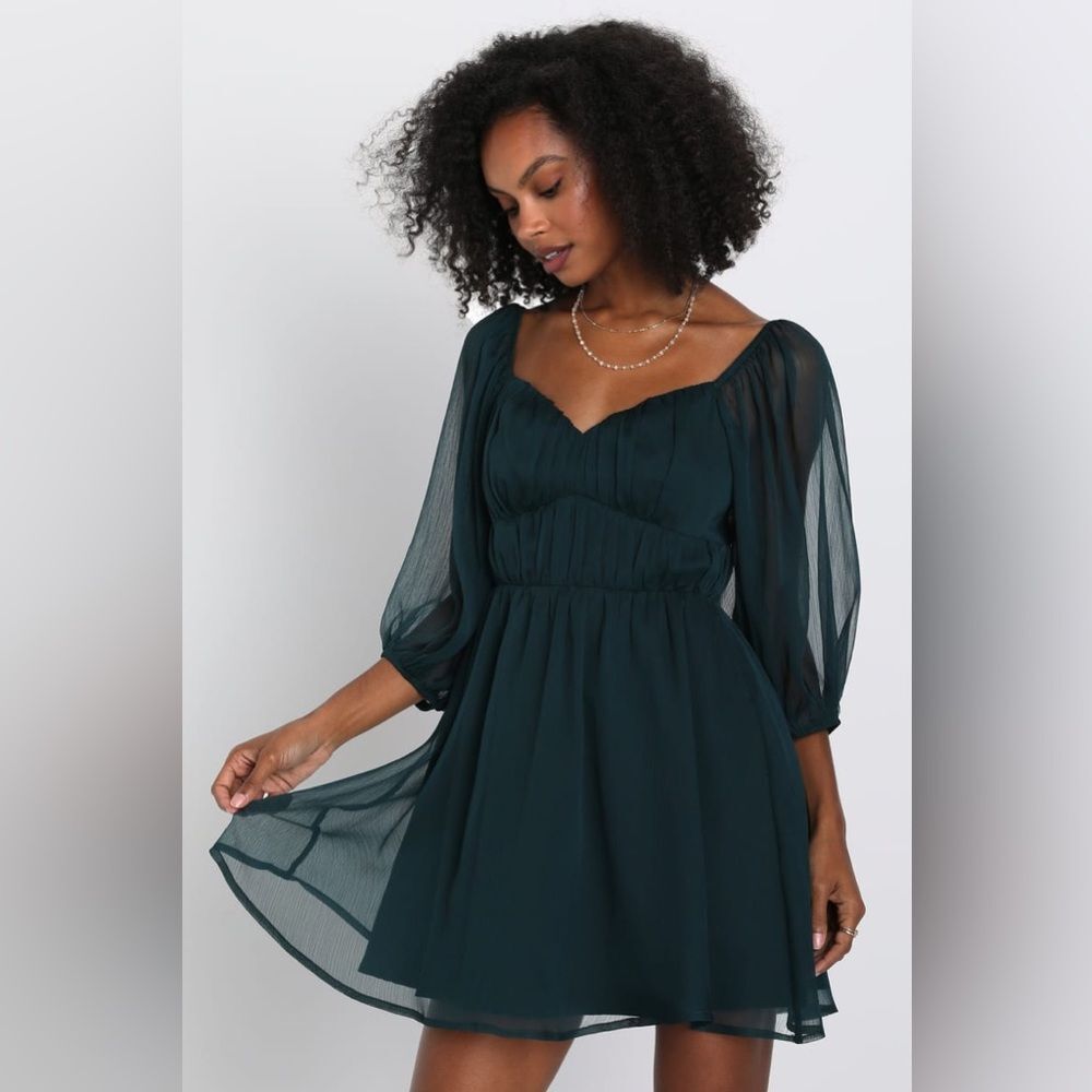 Lulu's Vivacious Arrival Emerald Chiffon Balloon Sleeve Mini Dress Size Medium